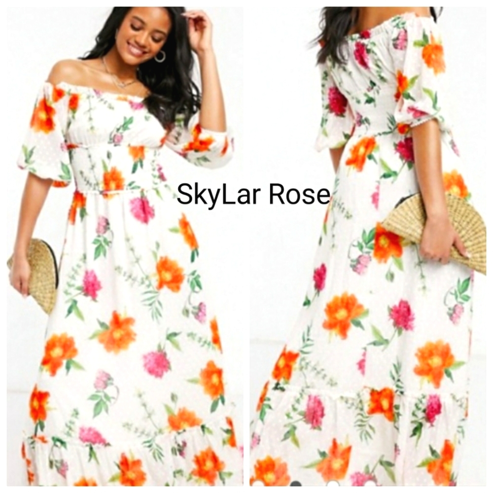 Nwt Skylar Rose Off Shoulder Dotted Off White Swiss Floral Maxidress